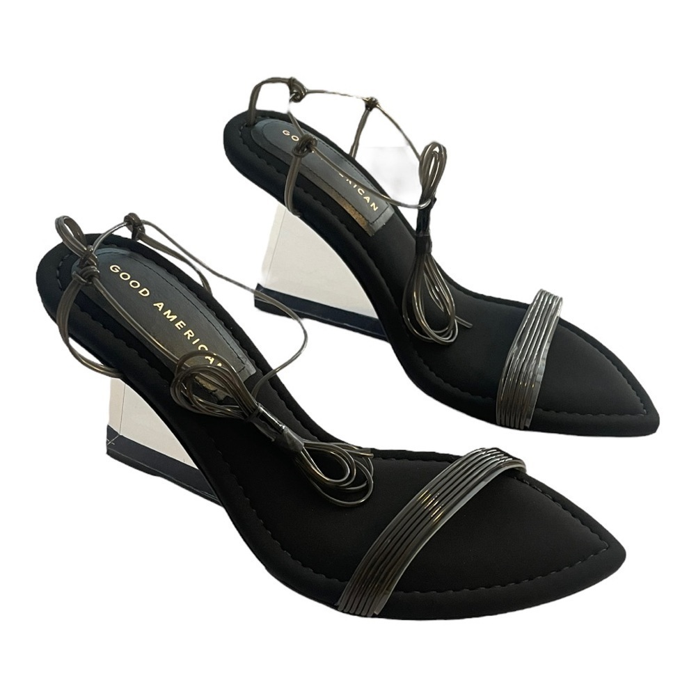 Good American PVC smoky clear wedge ankle strap shoes NWT